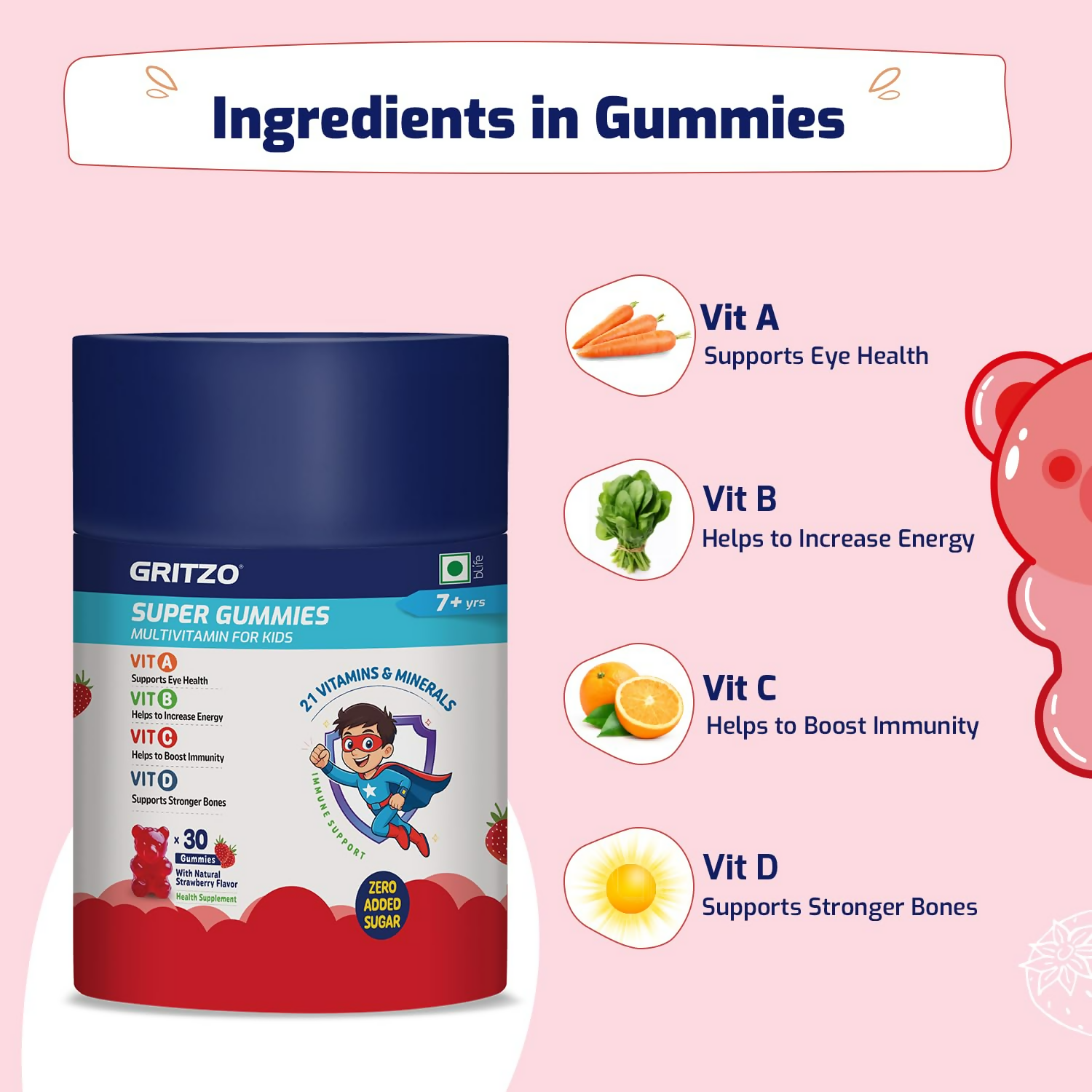 Gritzo Super Gummies Multivitamin (7+y Kids) (Strawberry Flavour)
