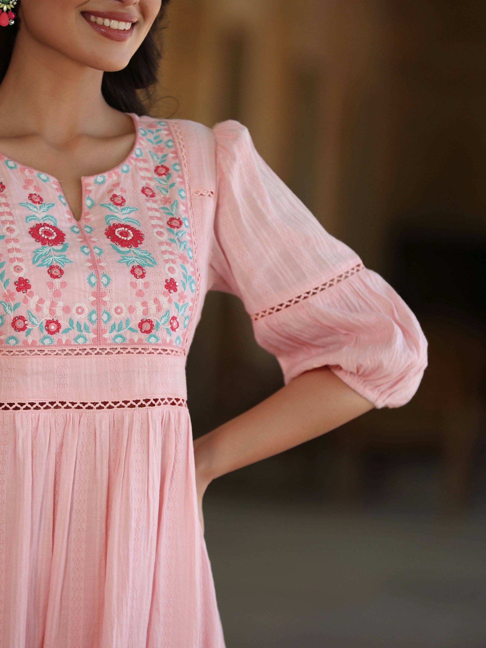 Juniper Women's Pink Cotton Dobby Embroidered Flared Dress