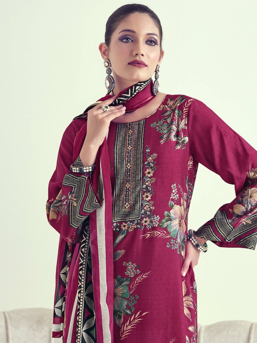 Aastha Fashion Women's Magenta Muslin Floral Digital Print with Resham Thread work Kurta with Trouser & Dupatta - Grab2buy