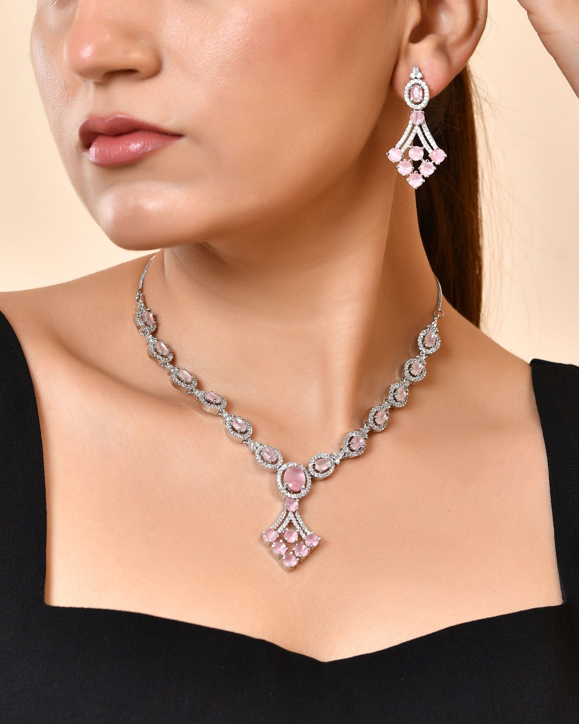 VOJ Silver Plated Baby Pink Ad Stone Studded Necklace Set  Grab2Buy VOJ Grab2Buy