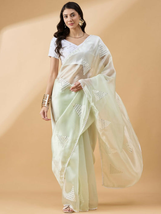 Green Tissue Slub Embroidered Saree with Unstitched Blouse - Vairagi