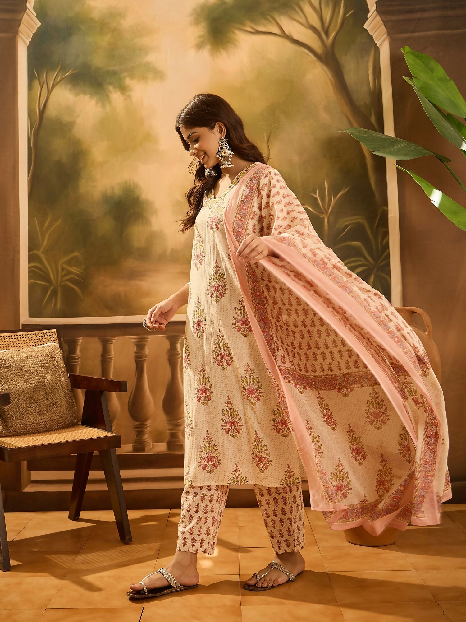 Joban Fashion Printed Cream Pure Cotton Kurta Set
