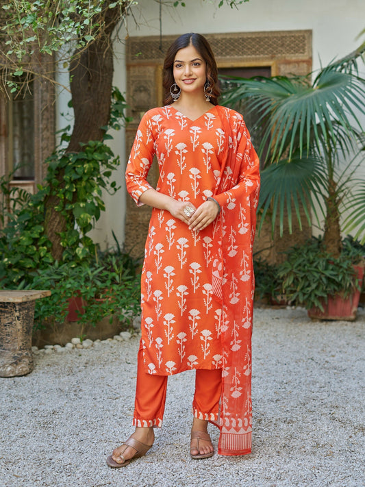 The52 Orange Women's Beautiful Cotton Blend Fabric Printed Work Straight Kurta, Pant and Dupatta Set | Grab2Buy