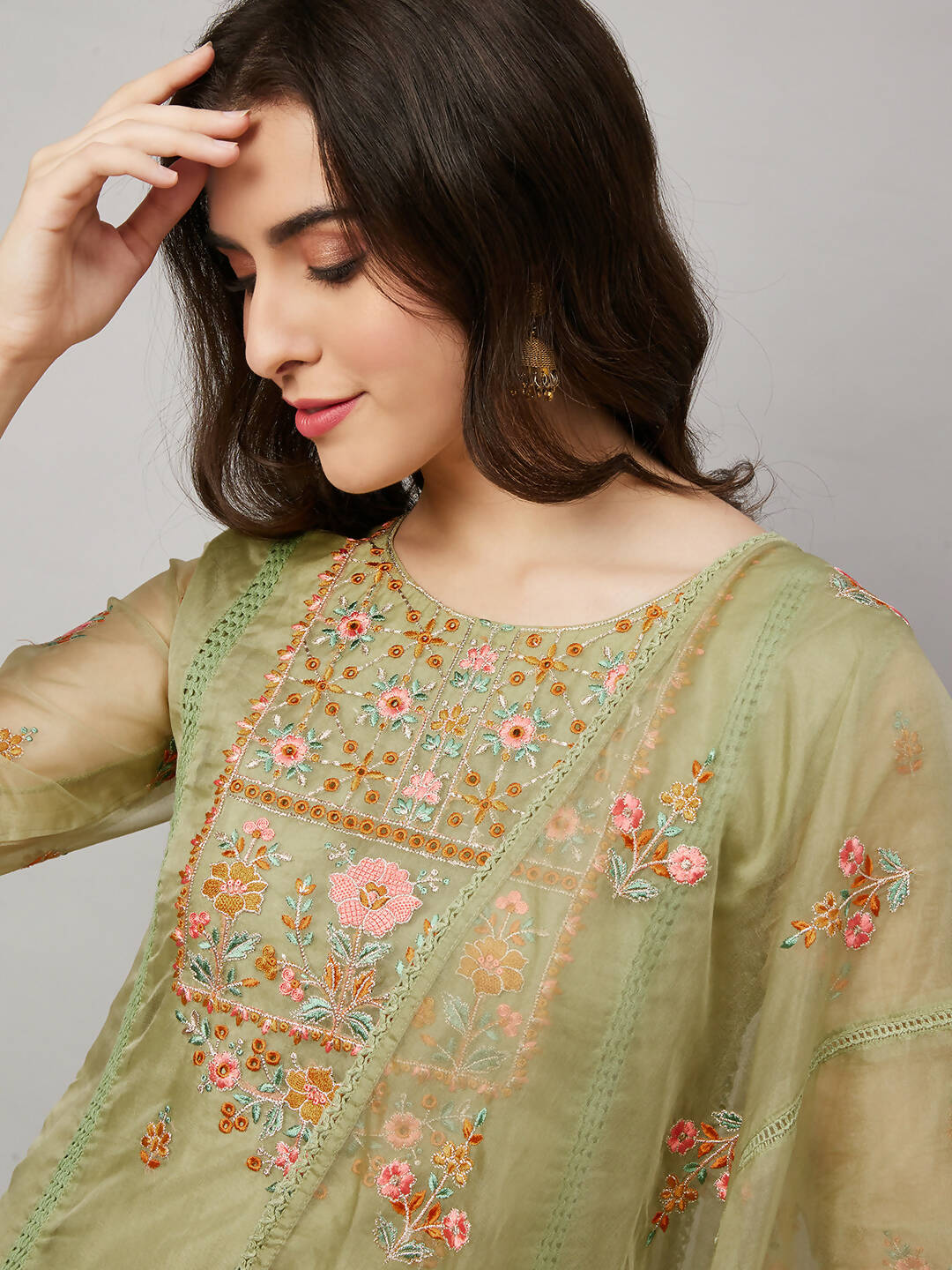 Green Organza Embroidered Kurta with Bottom & Dupatta - Salimar