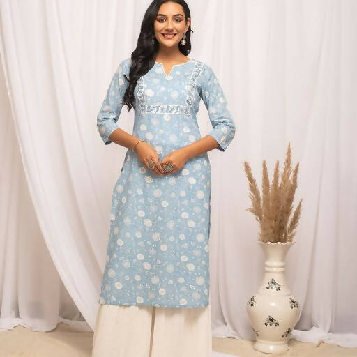 FIORRA Women's Floral Printed Sky Blue Cotton Straight Kurta 