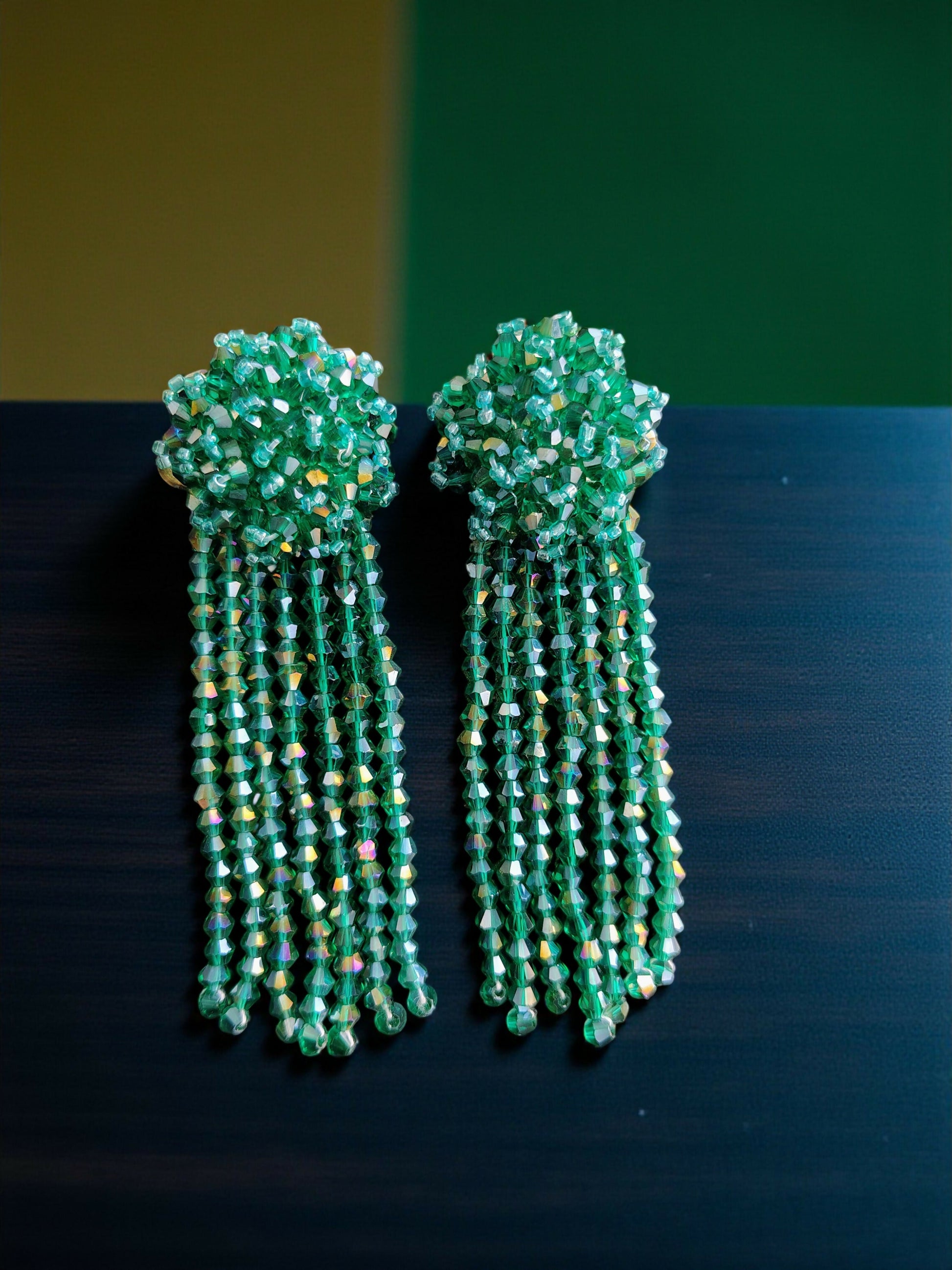 Inhanns Handmade Crystal Waterfall Earrings - Long - Sea Green Big