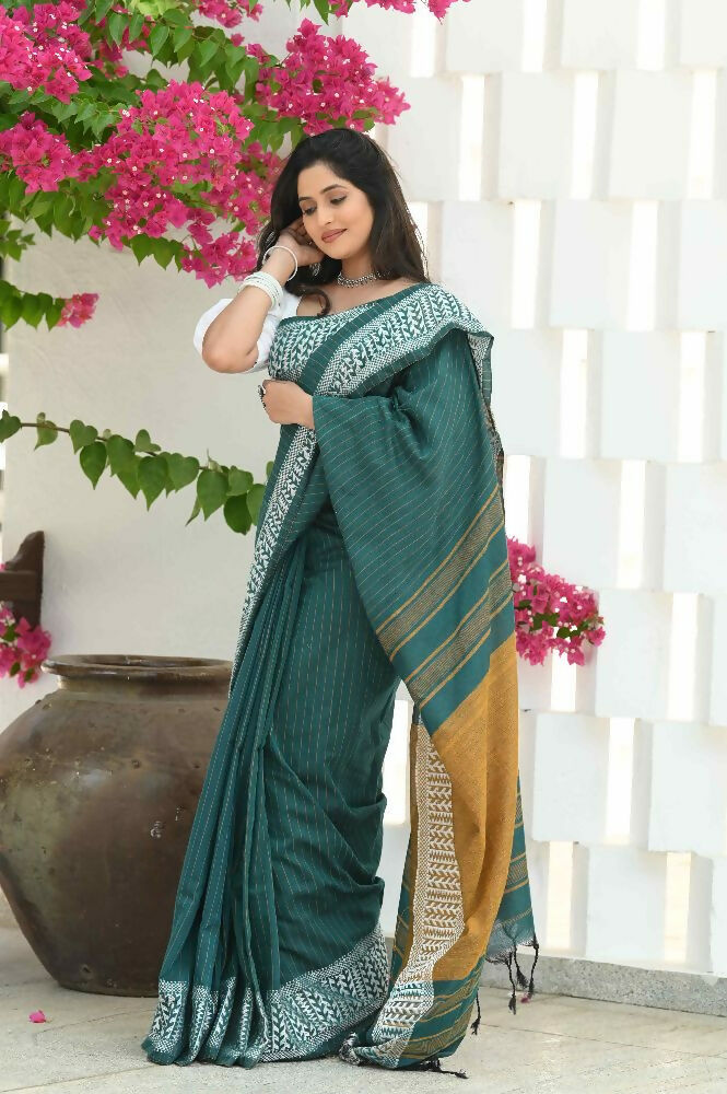 Beatitude Green Cotton Jacqaurd Border Tangail Handloom Saree