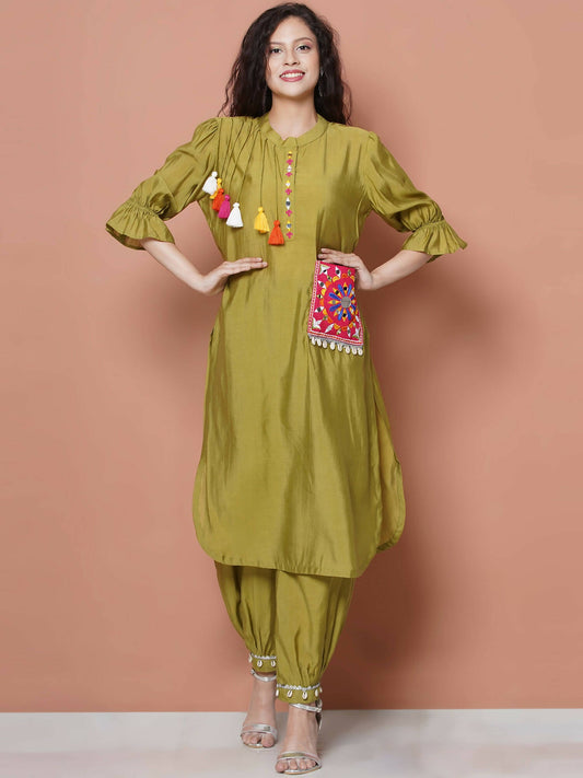 Women Republic Green Art Silk Embroidered Kurta with Afghani Salwar - Grab2buy