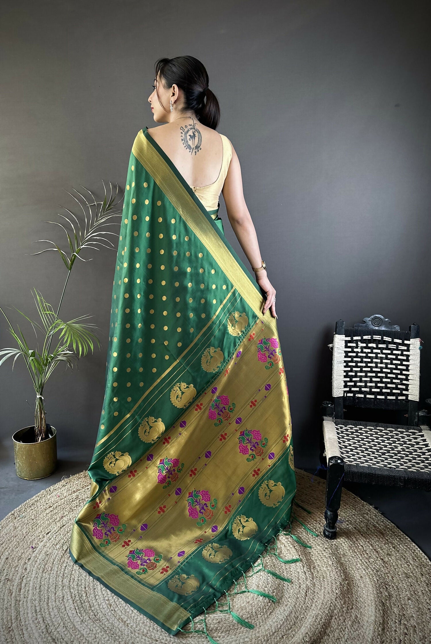 Joban Fashion Green Polka Dot Lichi Silk Paithani Silk Saree
