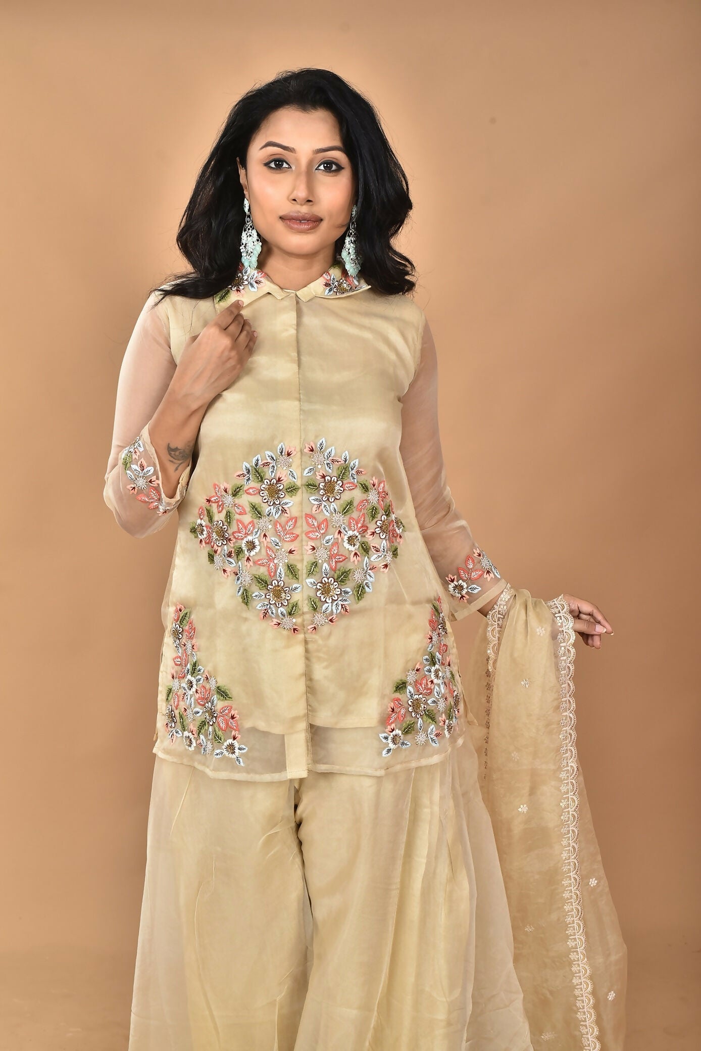 Morchari Women And Hand Embroidery Palazzo Set-Beige 