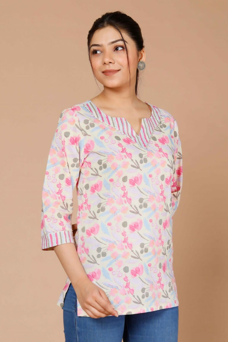Miravan Women's Floral Printed Pure Cotton Pink Kurti