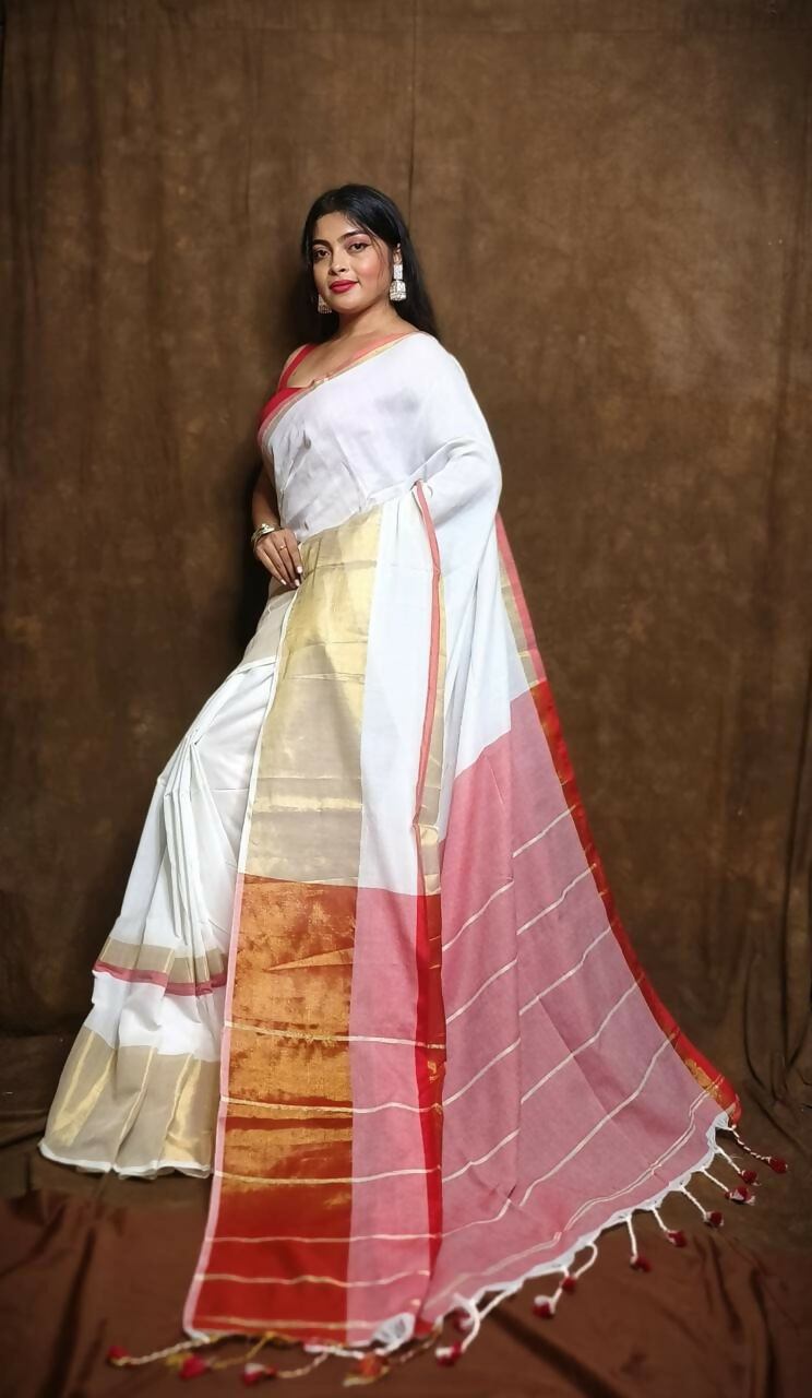Exclusive Collection White Red Pure Cotton Handloom Gorgeous Grab2Buy 