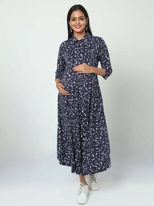 Manet Three Fourth Maternity Dress White Dot Print With Concealed Zipper Nursing Access - Navy Blue