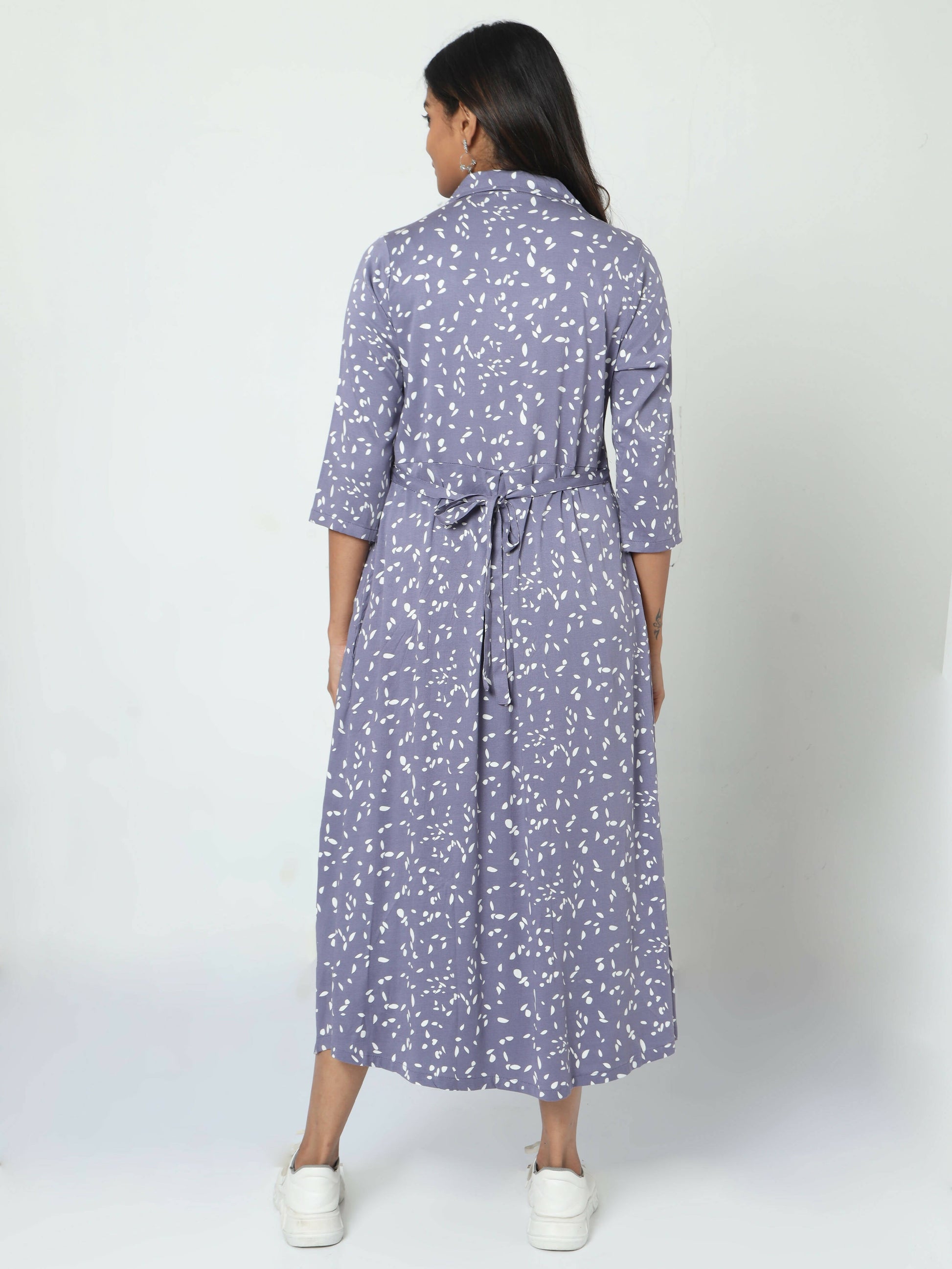 Manet Three Fourth Maternity Dress White Dot Print With Concealed Zipper Nursing Access - Blue