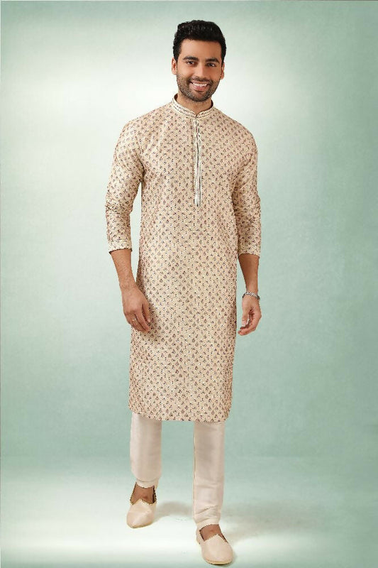 Raivat Ethnic Art Silk Printed Work Kurta Pajama In Cream Colour