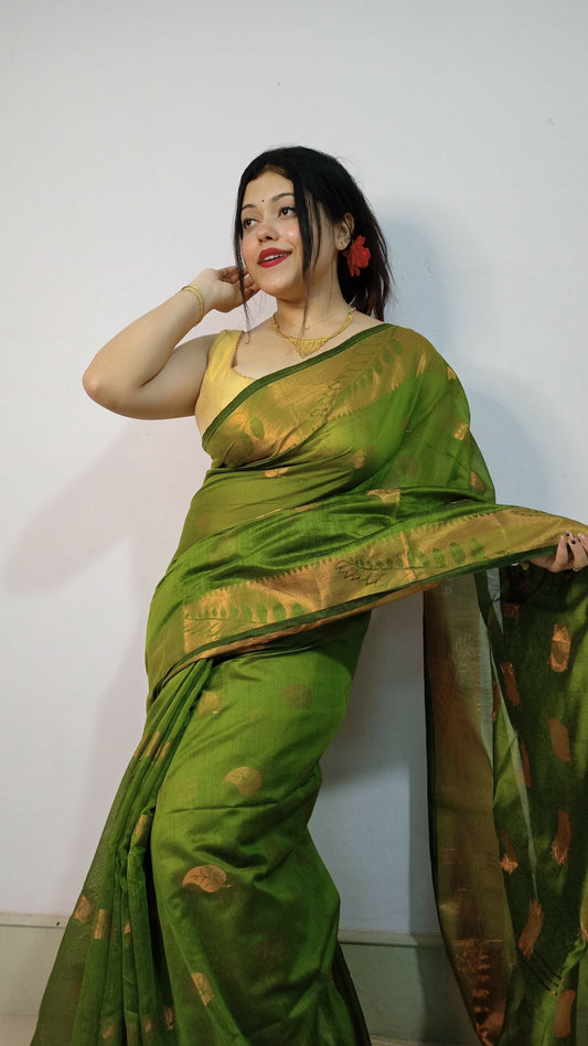 Exclusive Collection Beautiful Olive Green Cotton Silk Woven Handloom Grab2Buy With Running Blouse Piece 