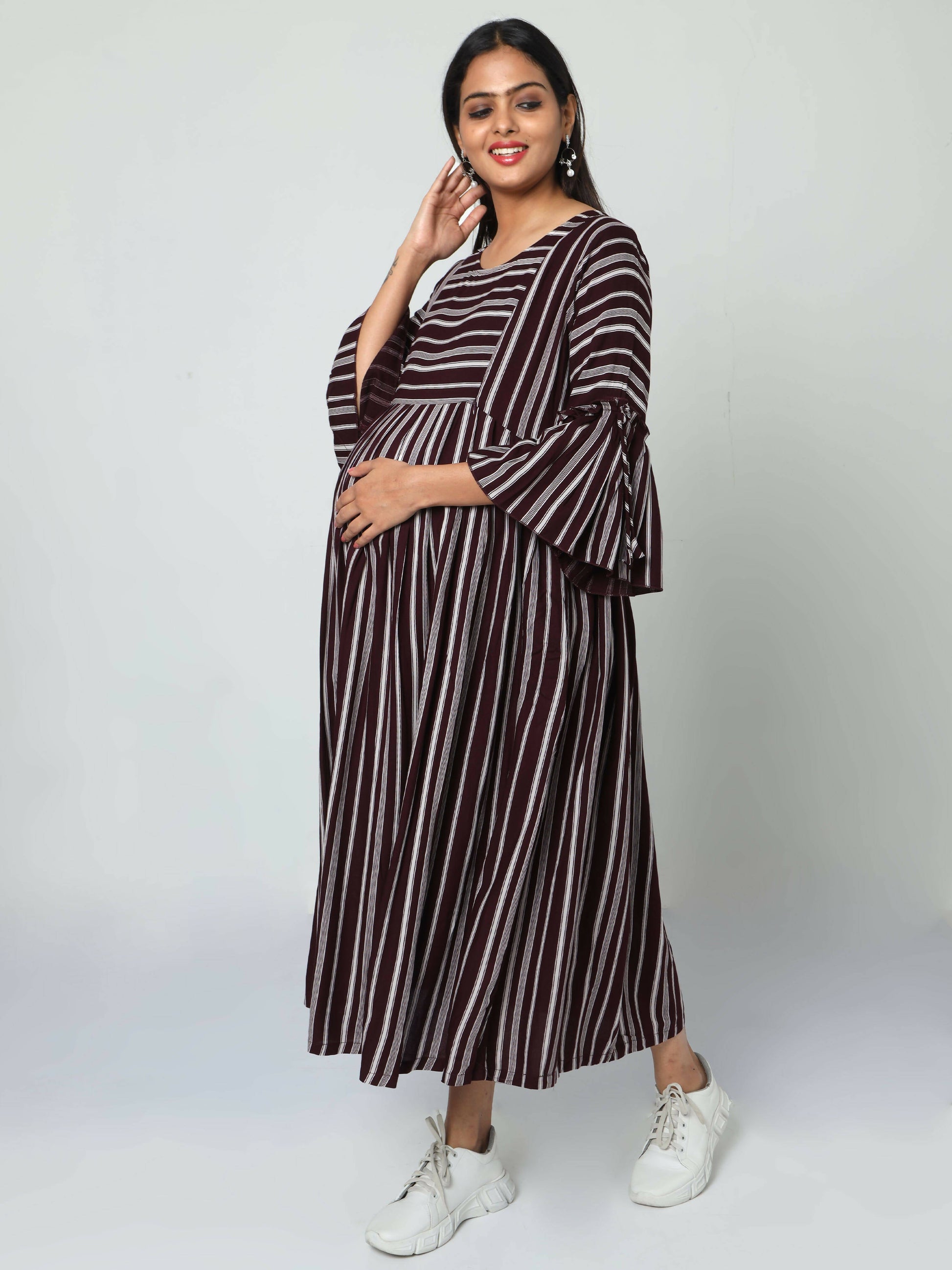 Manet Three Fourth Maternity Dress Striped With Concealed Zipper Nursing Access - Brown