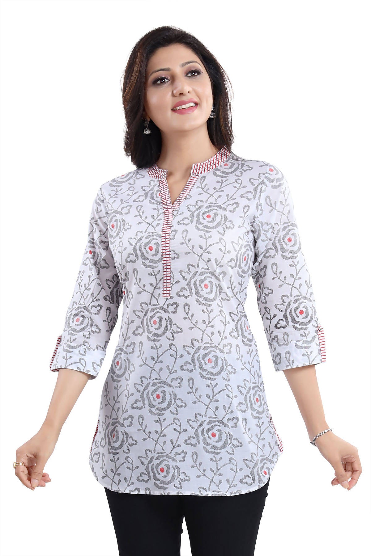 Snehal Creations Vibrant Vigour White Cotton Printed Short Tunic Top