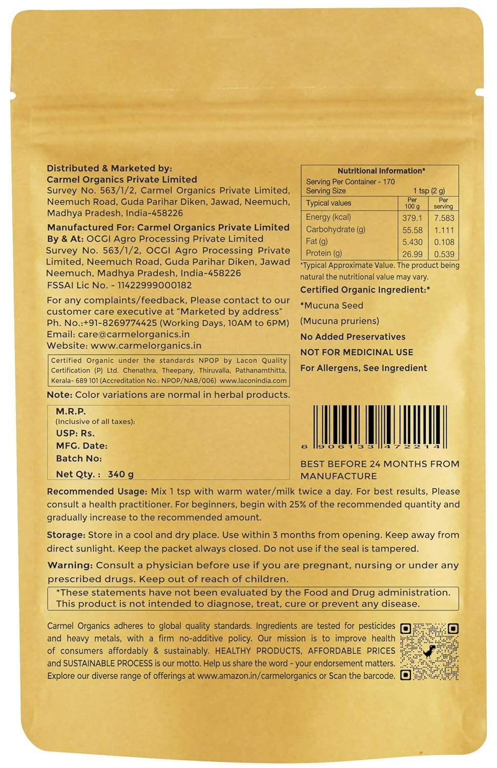 Carmel Organics Mucuna (Kapikacchu) White Seed Powder 