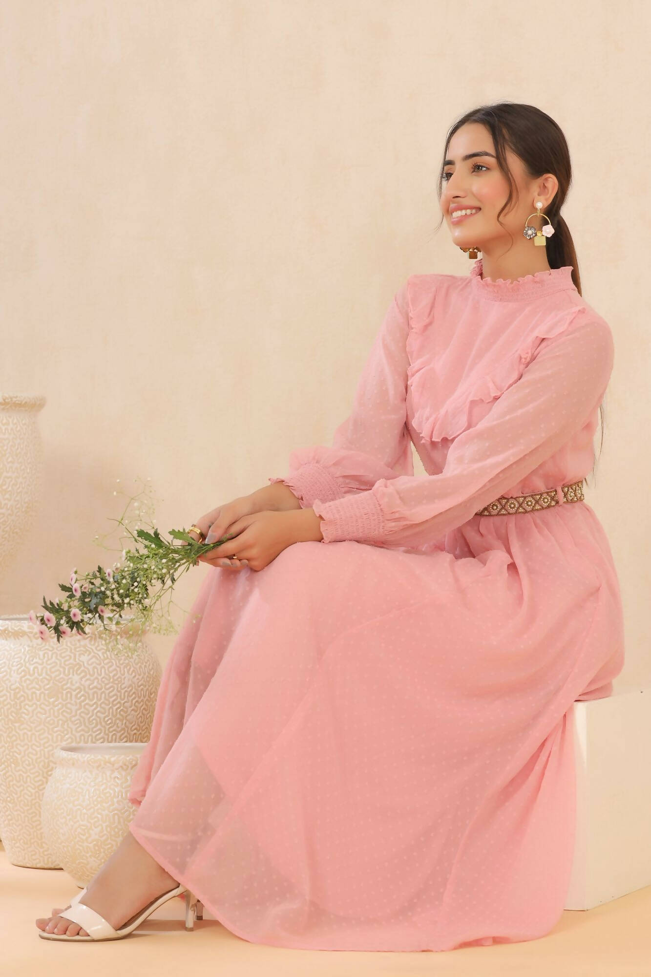 Juniper Women Pink Chiffon Woven Design Flared Dress