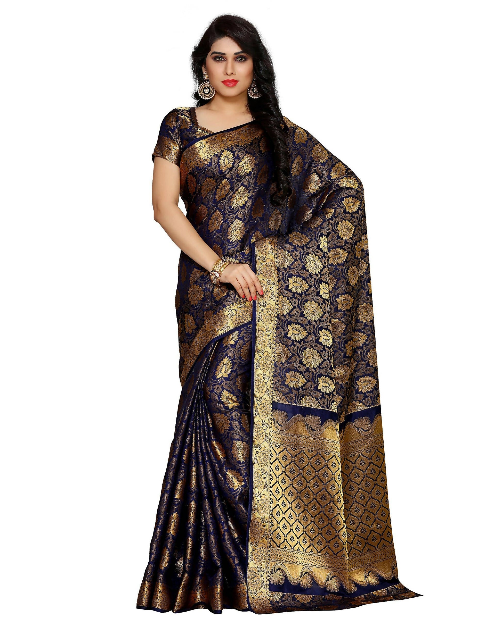 Mimosa Women's Kanchipuram Silk Navy Blue Saree