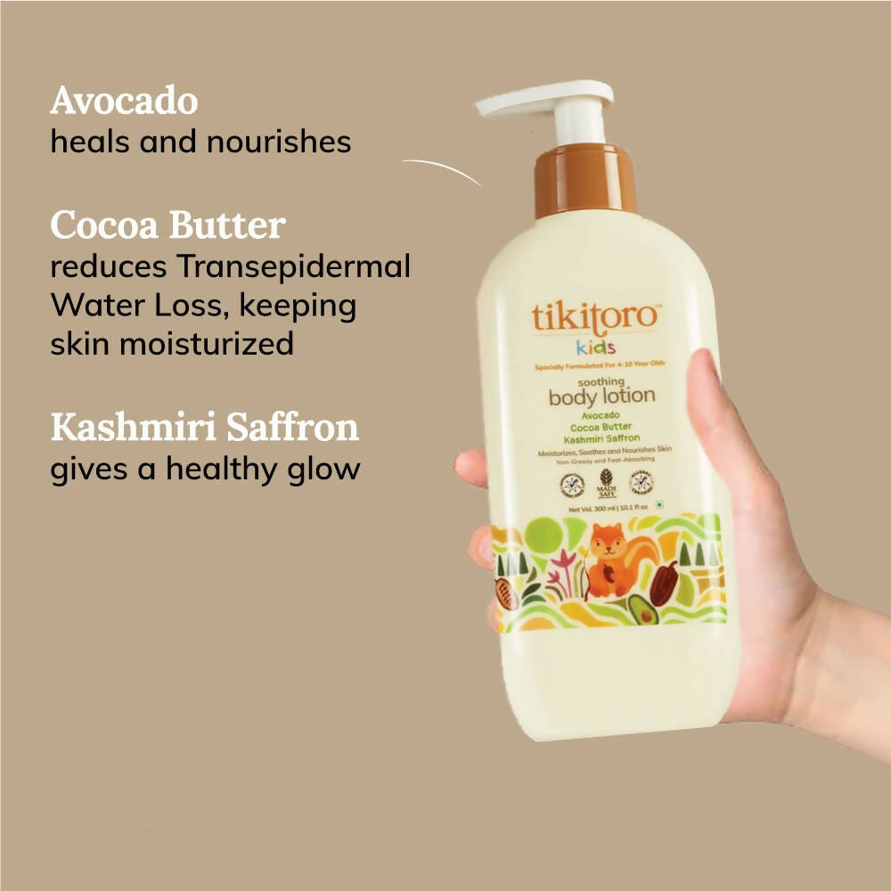 Tikitoro Kids Soothing Body Lotion 100% Vegan with Avocado, Cocoa Butter, Kashmiri Saffron Extract, Moisturizes, Soothes & Nourishes Skin  Grab2Buy Tikitoro Grab2Buy