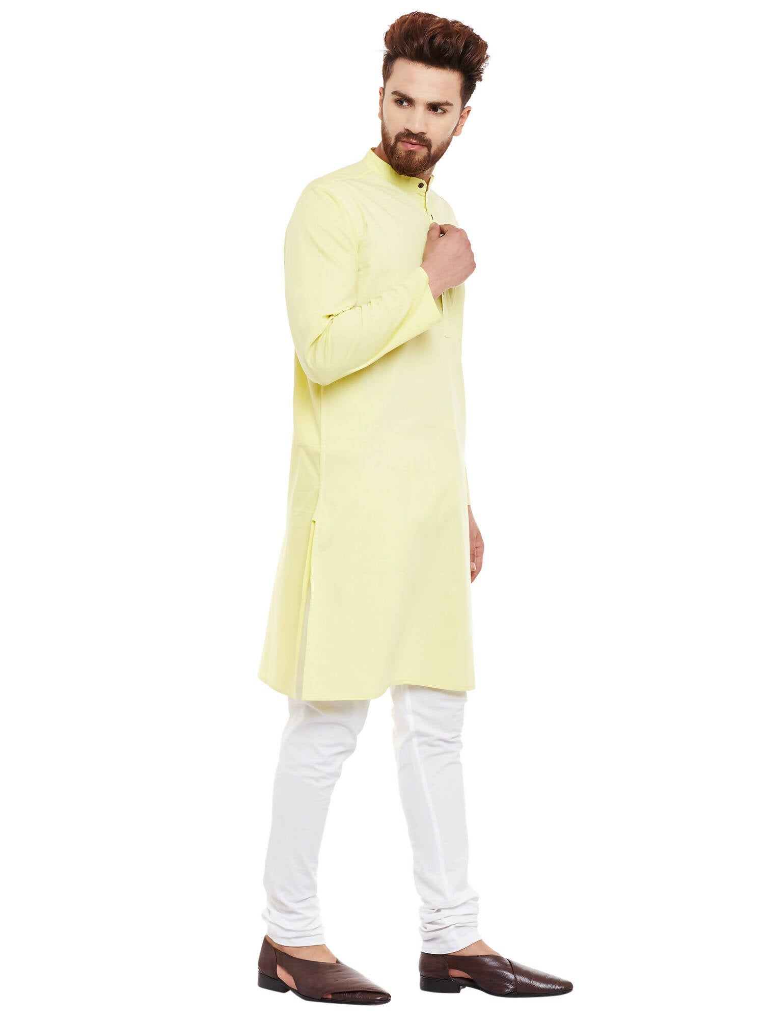 Even Apparels Yellow Pure Cotton Men's Kurta With Band Collar 