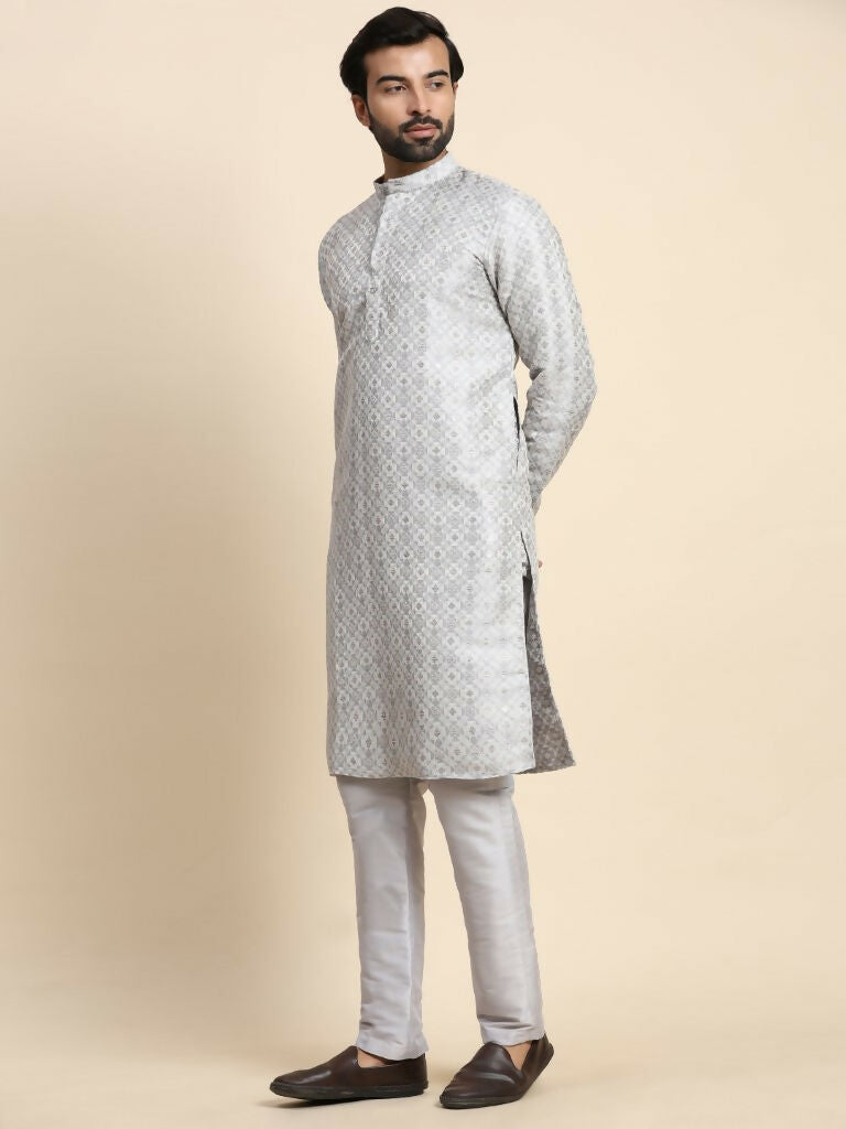 Grey Viscose Jacquard Woven Jacquard Designer Men's Rajwadi Kurta Set - Mahotsav
