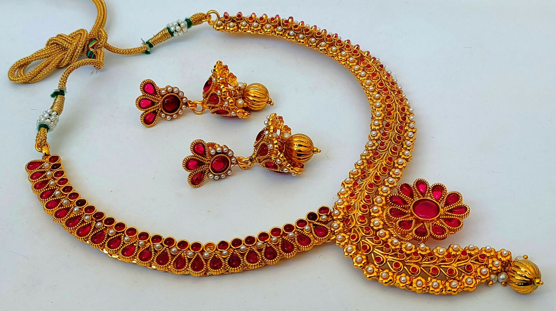 Pink Kemp Necklace With Jhumkas - Grab2buy