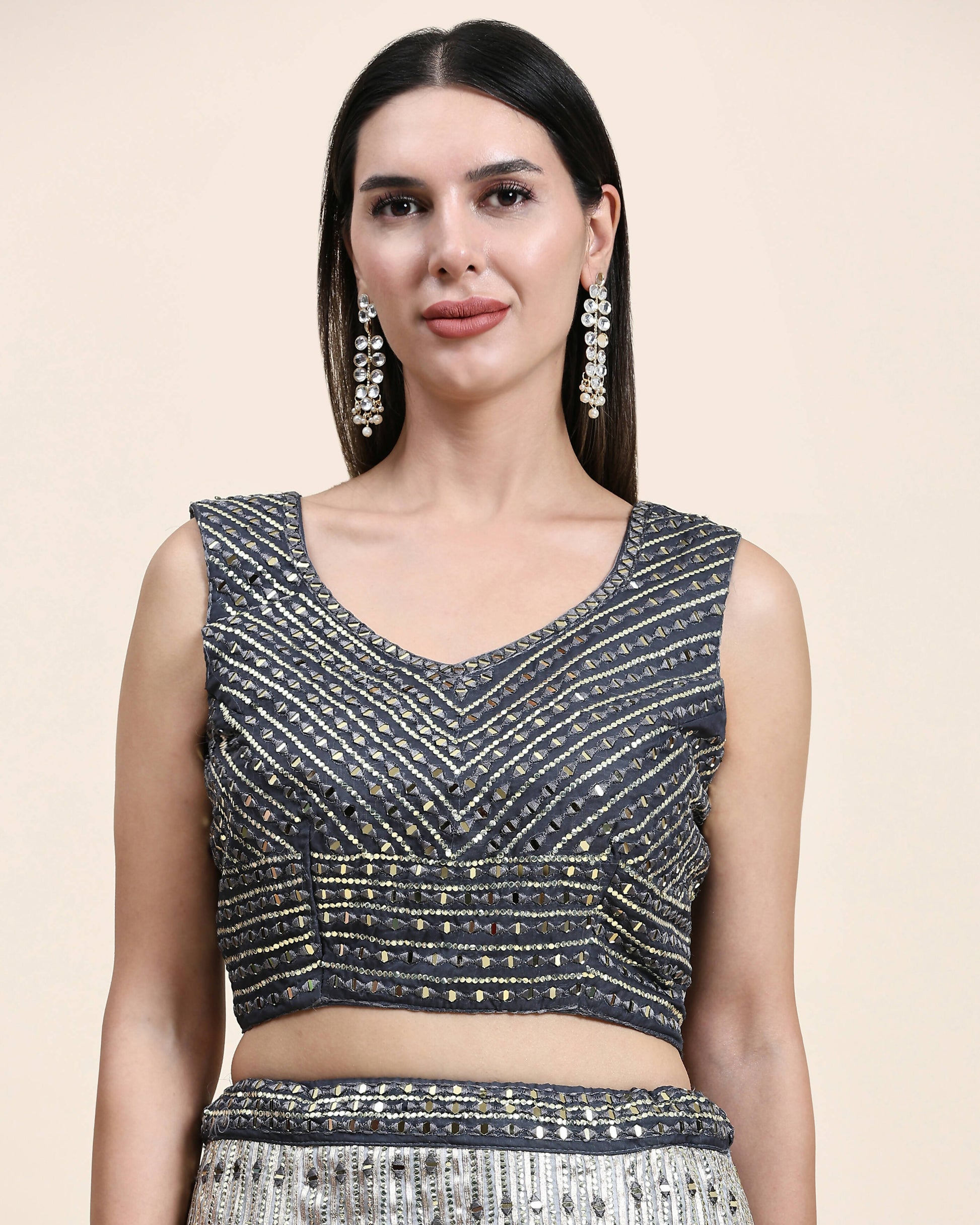 Grey Organza Mirror With Coding Work Lehenga Choli with Dupatta - Tanya