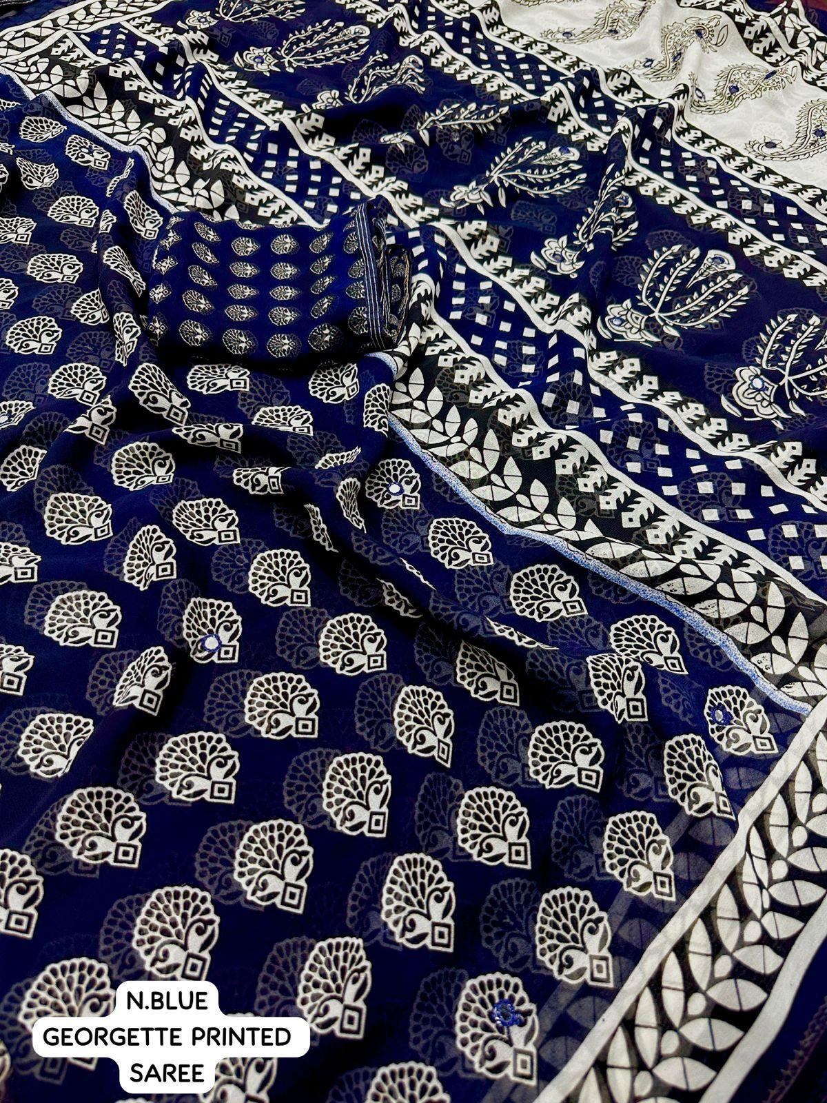 Navy Blue Poly Georgette Ajrak Saree with Unstitched Blouse - A2M