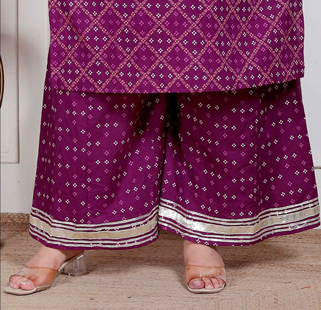 Miravan Plus Size Magenta Embroidered Cotton Kurta With Palazzo And Dupatta
