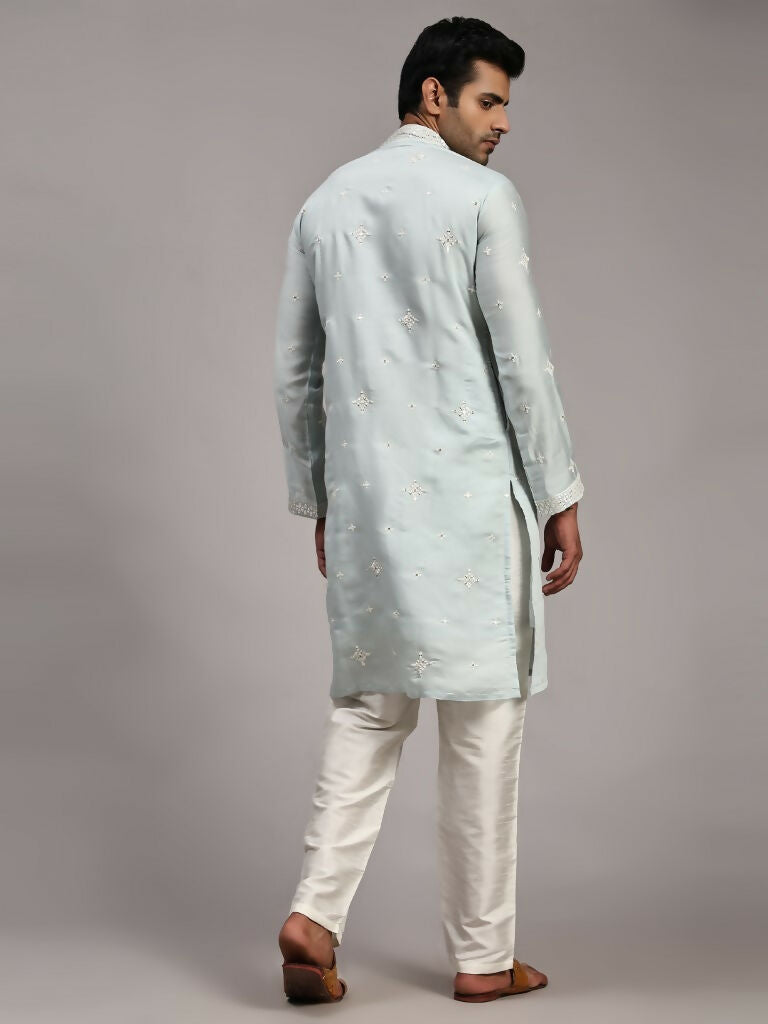 Light Blue Silk Designer Embroidery Work Men's Rajwadi Kurta Set - Mahotsav