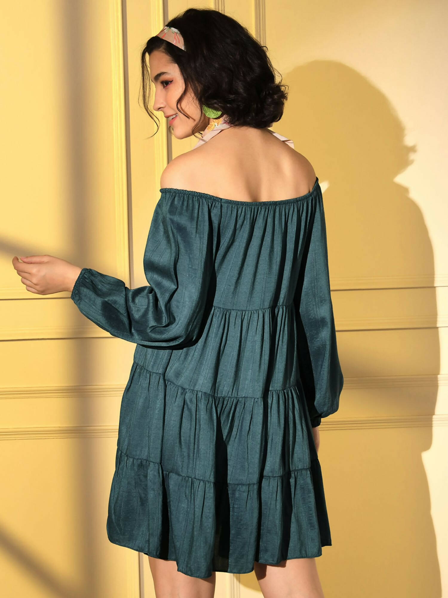 Teal Viscose Solid Design Flared Dress - Shivani