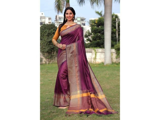 Aastha Fashion Women's Wine Raw Silk Temple Zari Woven Saree with Blouse - Grab2buy
