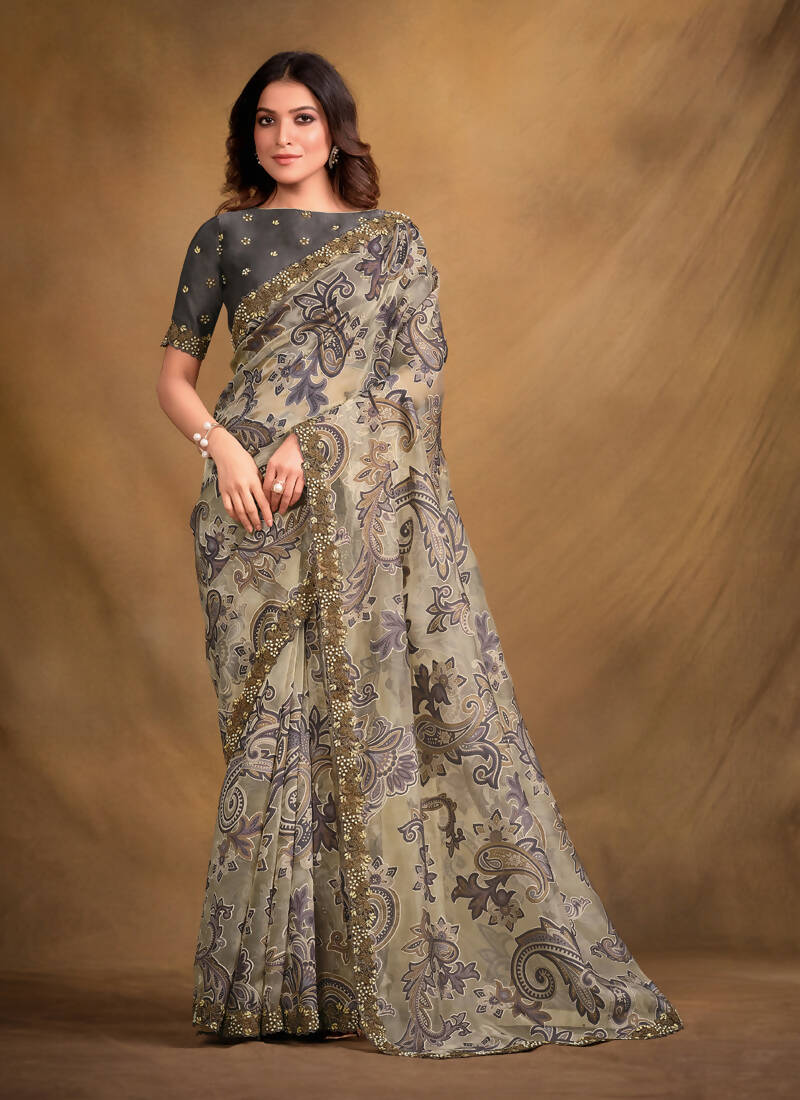 Grey Burning Tissue Designer Saree with Unstitched Blouse - Norita Mahitha