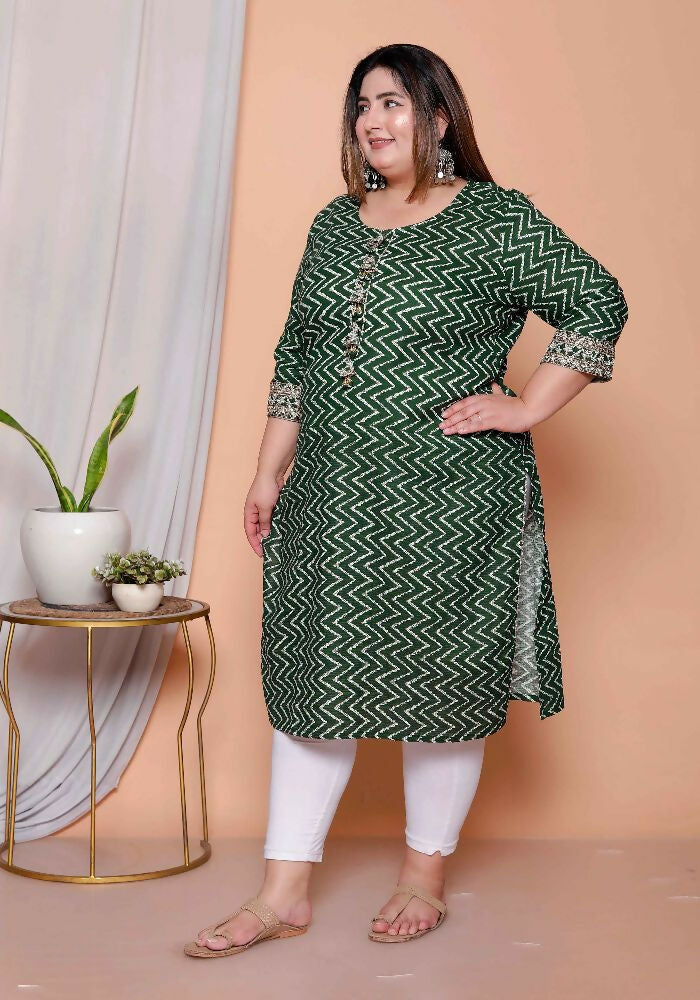 Miravan Womens Plus Size Green Zigzag Print Embroidery Rayon Straight Kurta