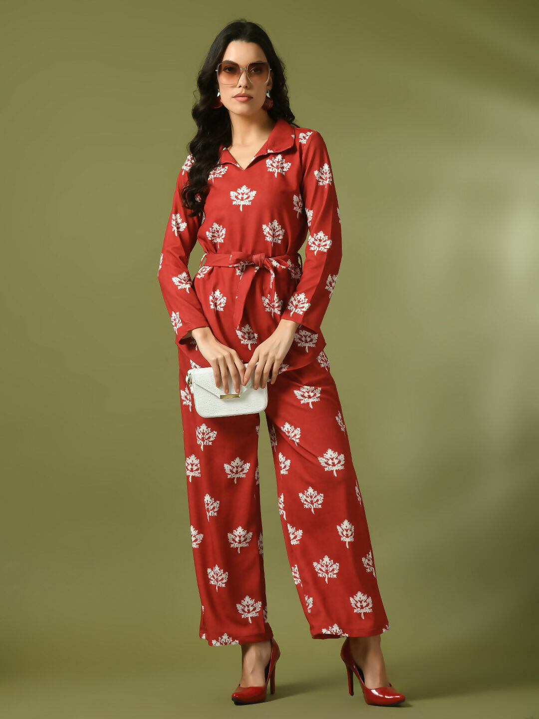 Myshka Women's Rust Printed Polo Collar Party Top With Trousers Co-ord set 