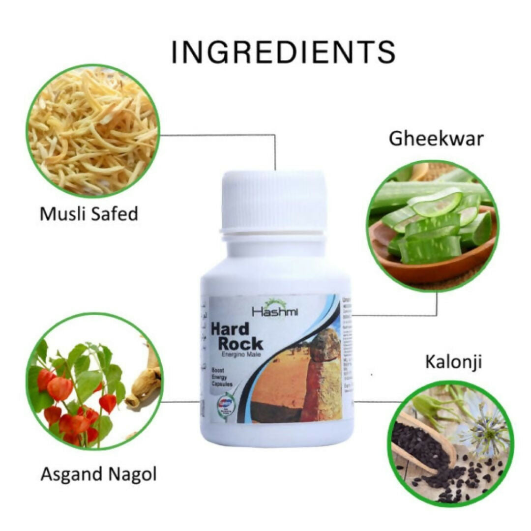 Hashmi Pharmacy Hard Rock Capsules are formulated with natural ingredients like Ashwagandha, Safed Musli, Gokshur, Gheekwar, and more. 