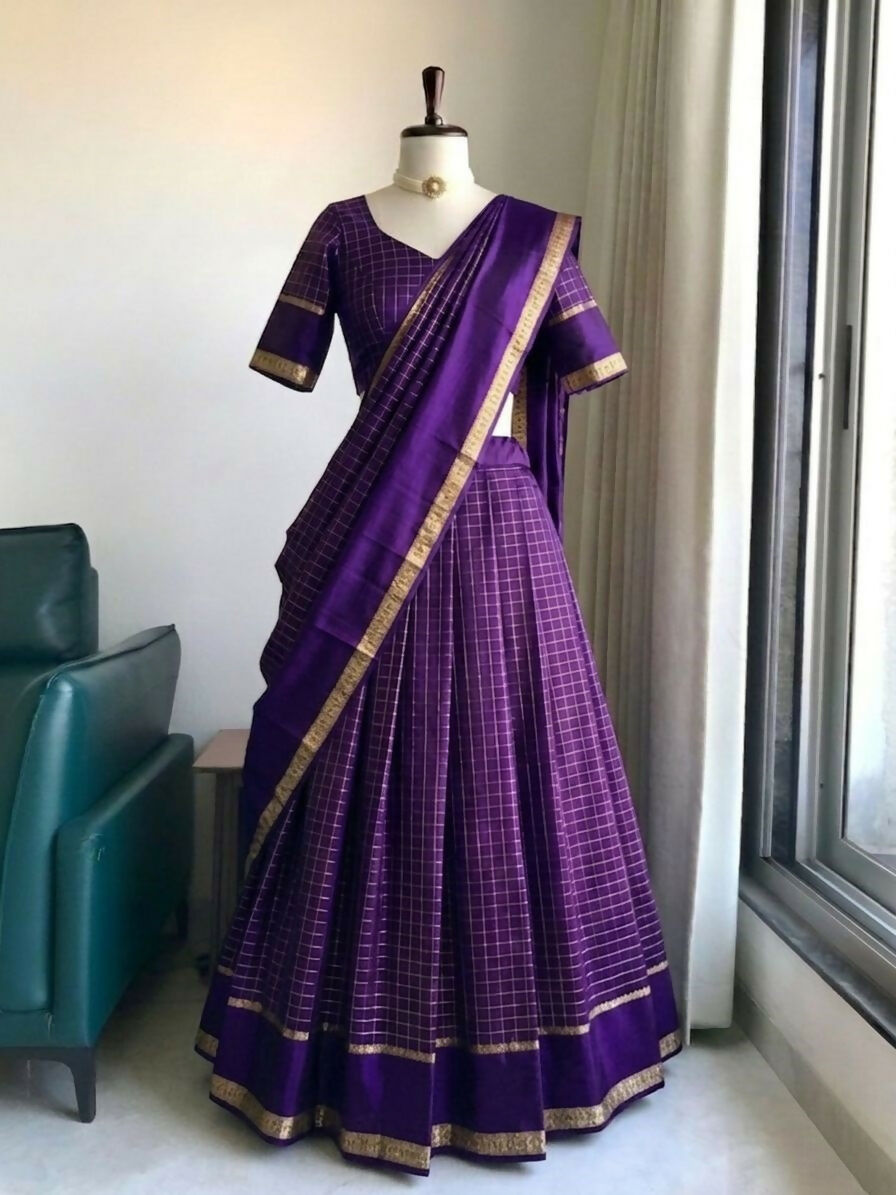 Teeya Creation New South Indian Silk Checked Half Saree Lehenga Choli with Zari Border-Purple