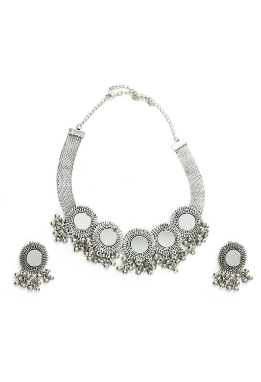 Mominos Fashion Johar Kamal Silver-Plated Brass Finish Mirror Work Women Choker - Grab2buy