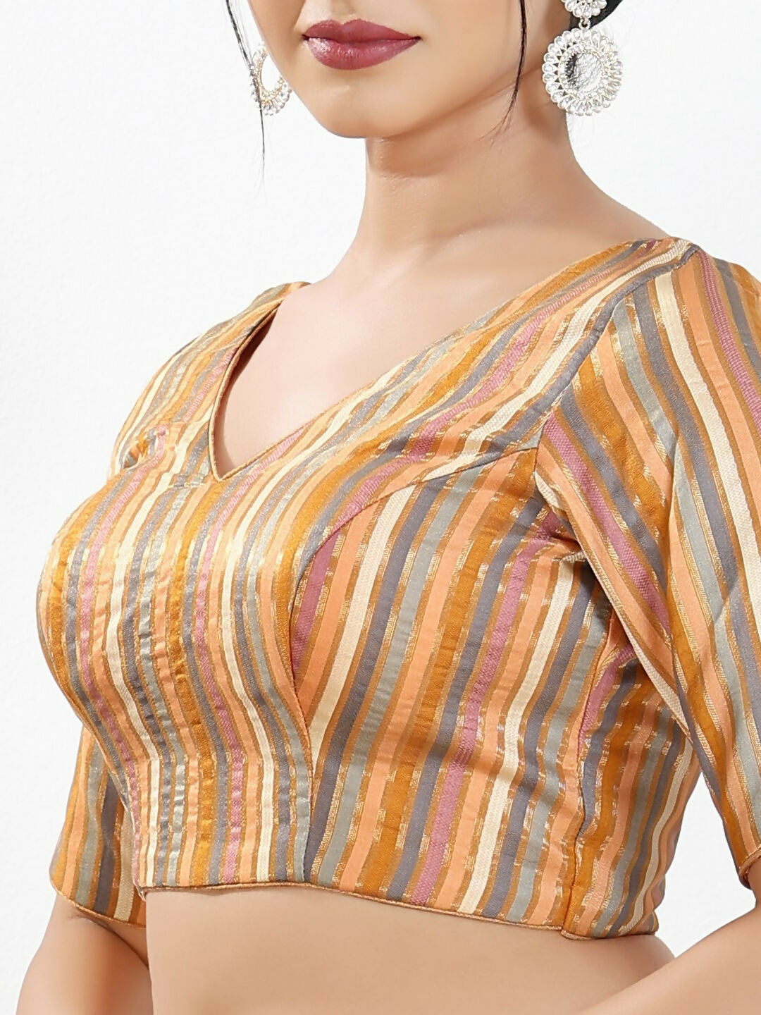 Joban Fashion Peach Multi Brocade Padded Blouse With V Neck Elbow Sleeves