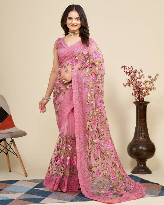 Teeya Creation Womens Latest Stylish Party Wear Soft Net Saree-Pink