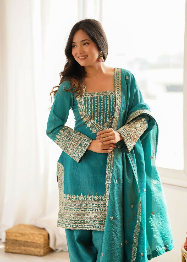 Teeya Creation Designer Rama Green Embroidered Kurta Afghani Pant Set For Festivals