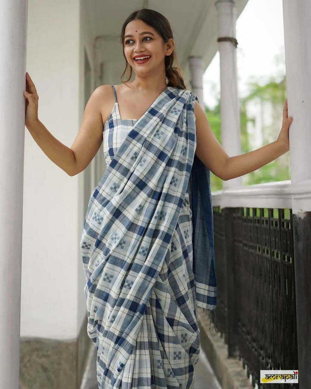 Exclusive Collection Beautiful Check Blue Pure Cotton Woven Handloom Grab2Buy With Running Blouse Piece 