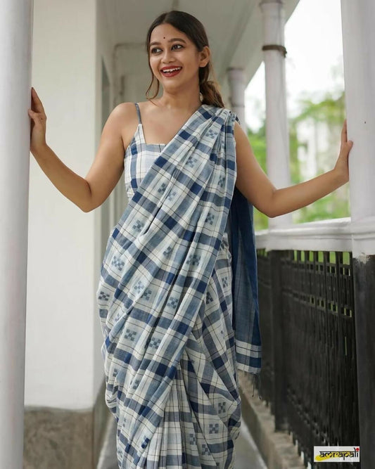 Exclusive Collection Beautiful Check Blue Pure Cotton Woven Handloom Grab2Buy With Running Blouse Piece 