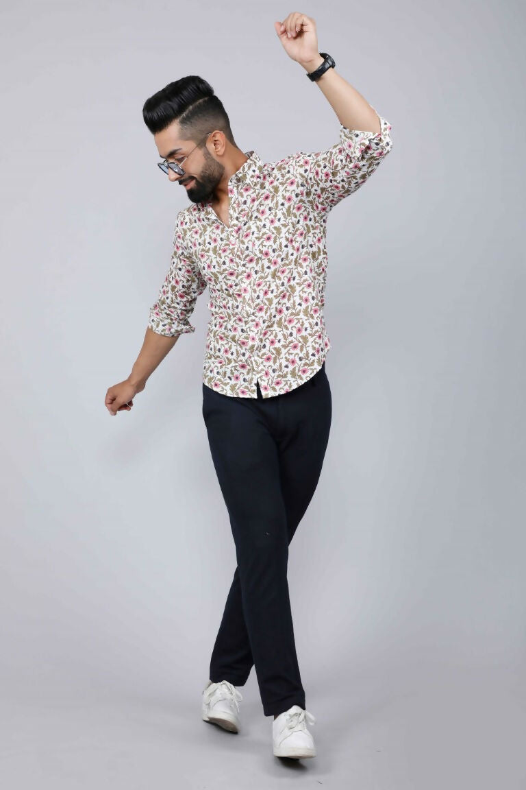 Miravan Men's Cotton Printed Full Sleeve Slim Fit Spread Neck White & Pink Colour Shirt 