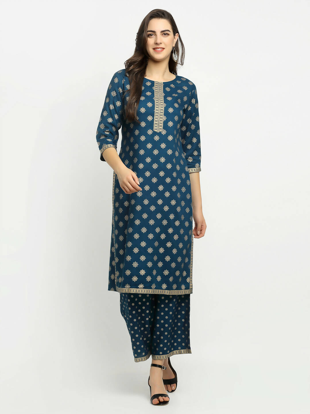 Rudra Bazaar Stright Gold Printed Kurti With Palazzo