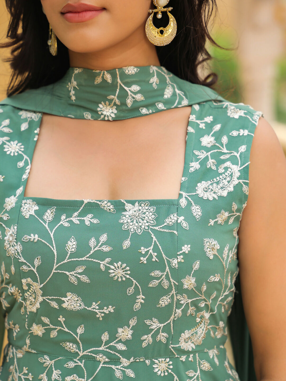 Janasya Sage Green Georgette Embroidered Kurta,Bottom & Dupatta 