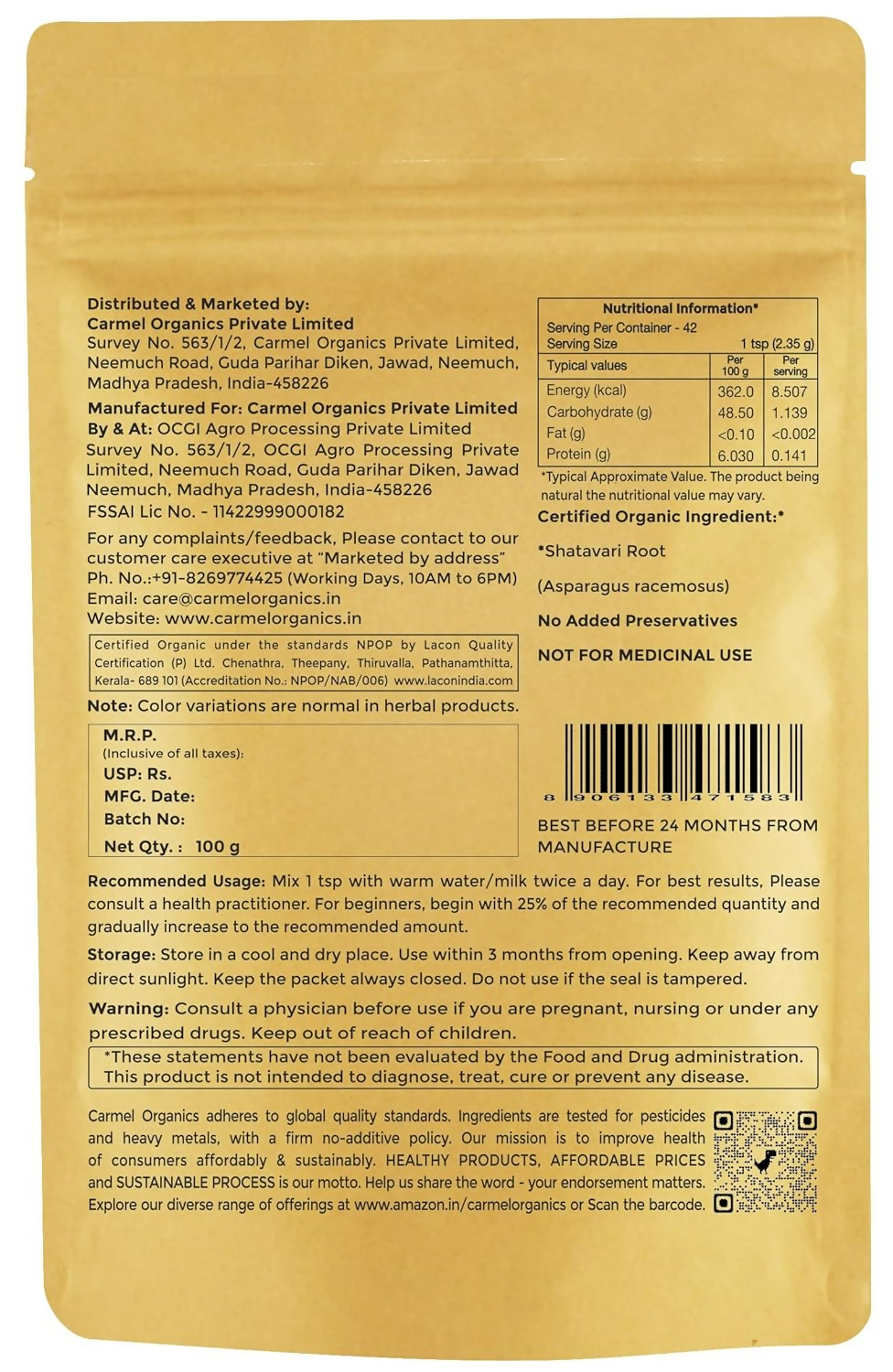 Carmel Organics Shatavari Root Powder 